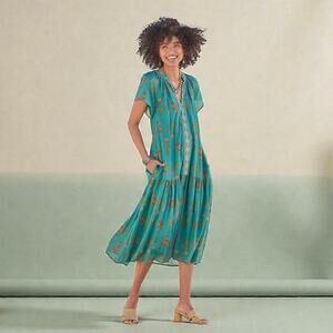 Sundance Solstice Beauty Teal Embroidered Floral Dress w/ belt Large Bohemian